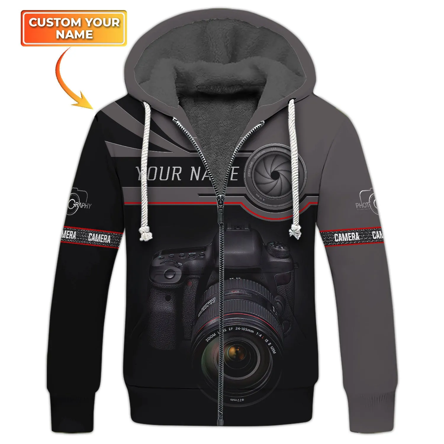 Photographer Shirts Camera Lens Design Personalized Name Zip Hoodie